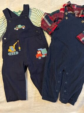 Little Me Navy Overalls Set with Construction Truck Appliques